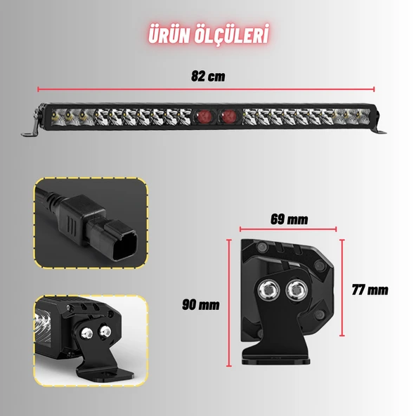 Off-Road Premium Tavan LED Bar 80CM Beyaz Projektör Kırmızı Göz Gündüz Led Metal Gövde 12-24V 1 ADET - 4