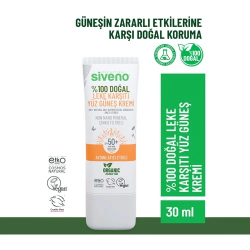 Sıveno %100 Doğal Leke Karşıtı Spf 50+ Yüz Güneş Kremi 30Ml