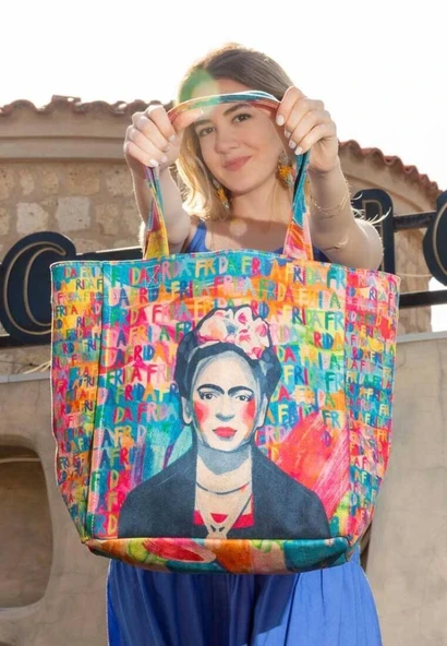 Kadın Vegan Çok Renkli Large Tote Bag - Frida Kahlo in Letters Tasarım - 2
