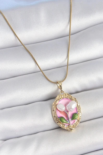 316L Çelik Gold Renk Zincir Pembe Mineli İncili Çiçek İşlemeli Portre Model Kadın Kolye - TJ-BKO10148 - 1