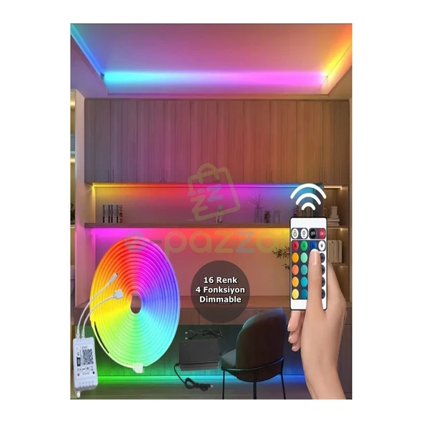 5 Metre 16 Renk RGB Esnek Şerit Neon LED Uzaktan Kumandalı 4 Fonksiyon