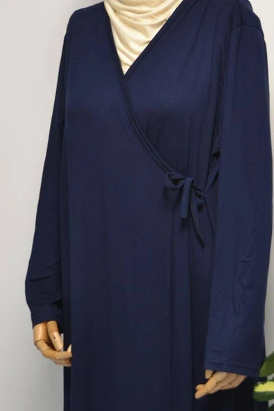 Kadın Yandan Bağlamalı Pamuklu Penye Namaz Elbisesi Lacivert - Resim 3