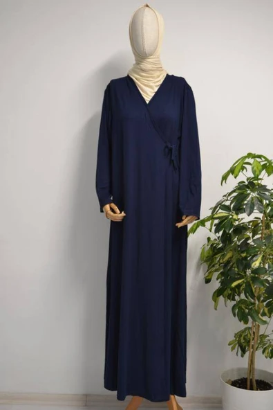 Kadın Yandan Bağlamalı Pamuklu Penye Namaz Elbisesi Lacivert ürün görseli 1