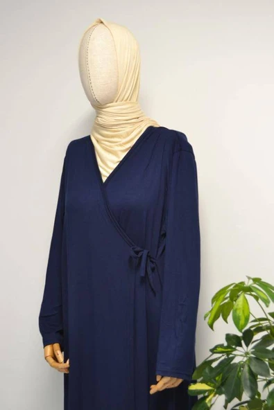 Kadın Yandan Bağlamalı Pamuklu Penye Namaz Elbisesi Lacivert - Resim 4