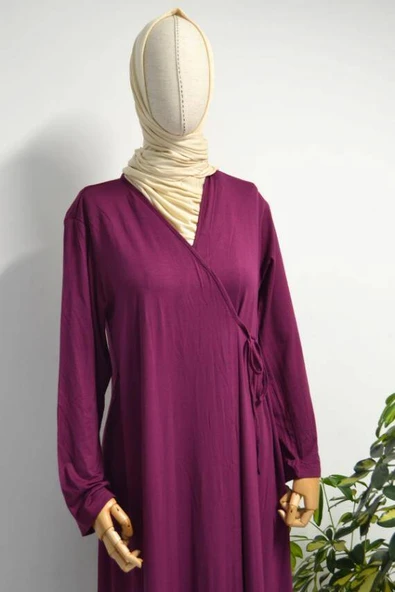 Kadın Yandan Bağlamalı Pamuklu Penye Namaz Elbisesi Mürdüm - Resim 4