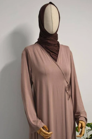 Kadın Yandan Bağlamalı Pamuklu Penye Namaz Elbisesi Vizon - Resim 4
