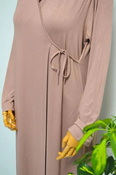 Kadın Yandan Bağlamalı Pamuklu Penye Namaz Elbisesi Vizon - Resim 3