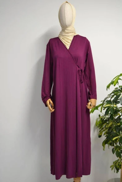 Kadın Yandan Bağlamalı Pamuklu Penye Namaz Elbisesi Mürdüm ürün görseli