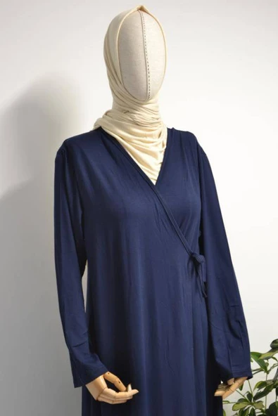 Kadın Yandan Bağlamalı Pamuklu Penye Namaz Elbisesi Lacivert - Resim 2