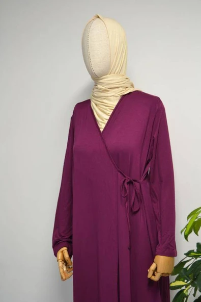 Kadın Yandan Bağlamalı Pamuklu Penye Namaz Elbisesi Mürdüm - Resim 2