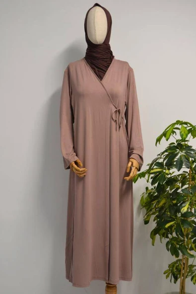 Kadın Yandan Bağlamalı Pamuklu Penye Namaz Elbisesi Vizon ürün görseli