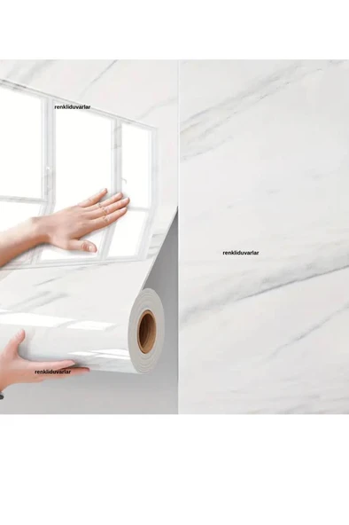 Renkli Duvarlar 60cm x 280cm Tek Parça Rulo Shiny Beyaz Mermer Desenli Banvo Salon Wc Yapışkanlı Duvar Paneli Kağıdı - Resim 2