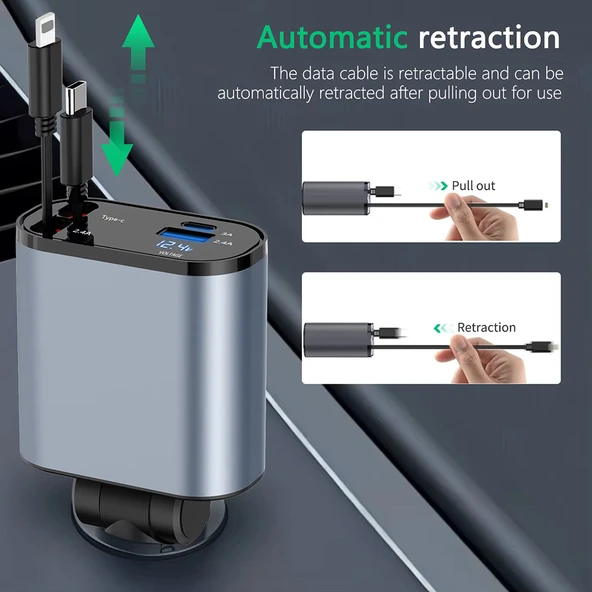 Zuidid ZR13 - 95W 4 In 1 Voltaj Göstergeli Tüm Telefonlar Için Hızlı Araba Şarjı Kendinden Kablolu - 6