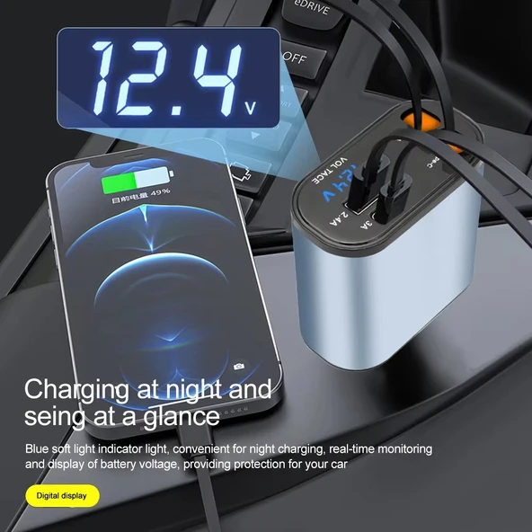 Zuidid ZR13 - 95W 4 In 1 Voltaj Göstergeli Tüm Telefonlar Için Hızlı Araba Şarjı Kendinden Kablolu - 7