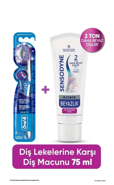 Sensodyne Klinik Beyazlık Diş Lekelerine Karşı Diş Macunu 75 ml + Oral-B Pro Flex 3D White Luxe Medium Diş Fırçası