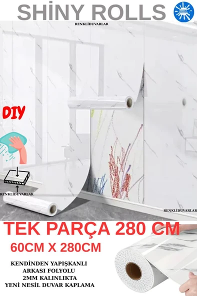 60cm x 280cm Tek Parça Rulo Shiny Beyaz Mermer Desenli Banvo Salon Wc Yapışkanlı Duvar Paneli Kağıdı