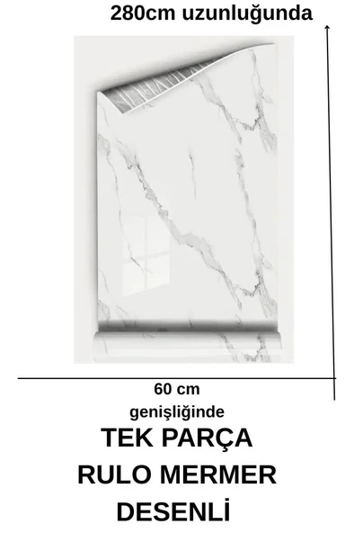 Renkli Duvarlar 60cm x 280cm Tek Parça Rulo Shiny Beyaz Mermer Desenli Banvo Salon Wc Yapışkanlı Duvar Paneli Kağıdı - Resim 3