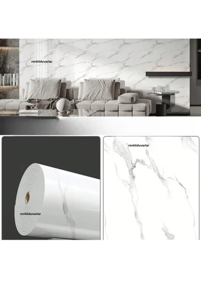 Renkli Duvarlar 60cm x 280cm Tek Parça Rulo Shiny Beyaz Mermer Desenli Banvo Salon Wc Yapışkanlı Duvar Paneli Kağıdı - Resim 6