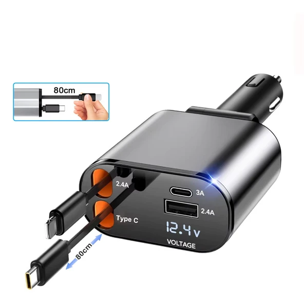 Zuidid ZR13 - 95W 4 In 1 Voltaj Göstergeli Tüm Telefonlar Için Hızlı Araba Şarjı Kendinden Kablolu - 3