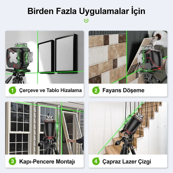 KOBB KBL36G Profesyonel Li-ion Şarjlı 4X360⁰ LCD Ekran Otomatik Hizalamalı Yeşil Çapraz Çizgi Lazer Distomat - 9