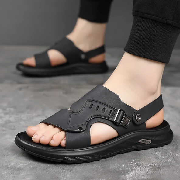 Erkek Deri Plaj Sandalet (Haki) - 7