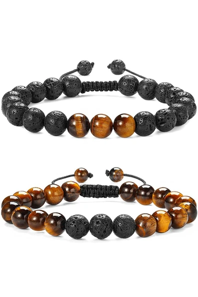 Sertifikalı Gerçek Kaplan Gözü Taşı Çift Doğal Taş Bileklik Seti Doğal Renk Siyah ürün görseli