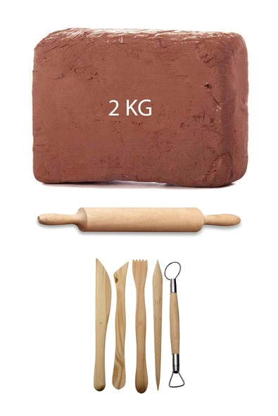 Kahve Çamur Kırmızı Kil Seramik Hamuru 2 kg Ebeşuar Seti Ahşap Merdane Seramik Set