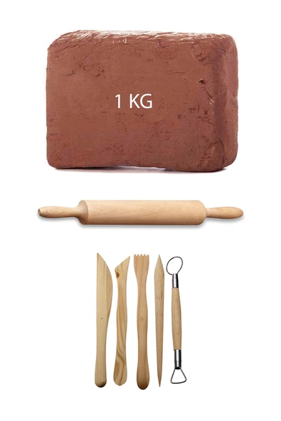 Kahve Çamur Kırmızı Kil Seramik Hamuru 1 kg Ebeşuar Seti Ahşap Merdane Seramik Set