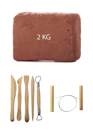Kahve Çamur Kırmızı Kil Seramik Hamuru 2 kg Ebeşuar Seti Seramik Çamur Kesme Teli