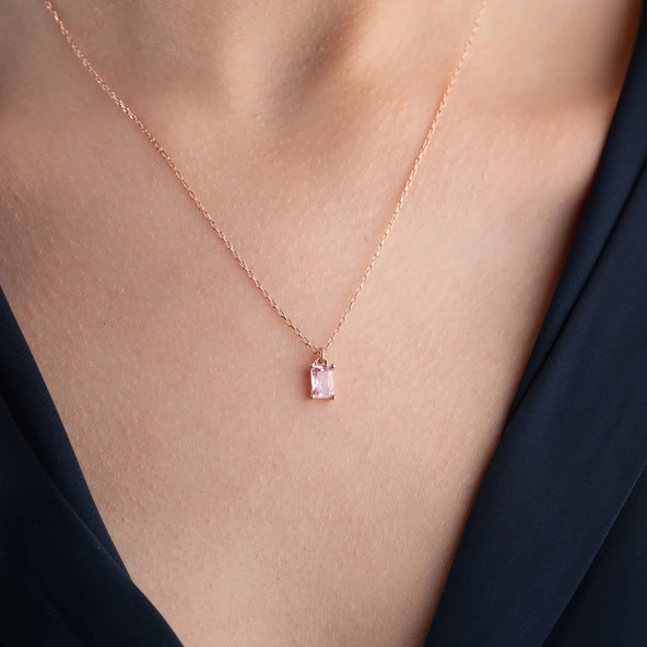 Vaoov 925 Ayar Gümüş Pembe Baget Kolye - 4