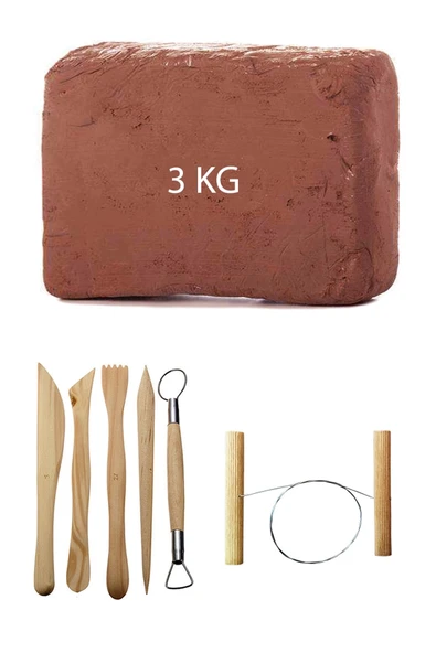 Kahve Çamur Kırmızı Kil Seramik Hamuru 3 kg Ebeşuar Seti Seramik Çamur Kesme Teli
