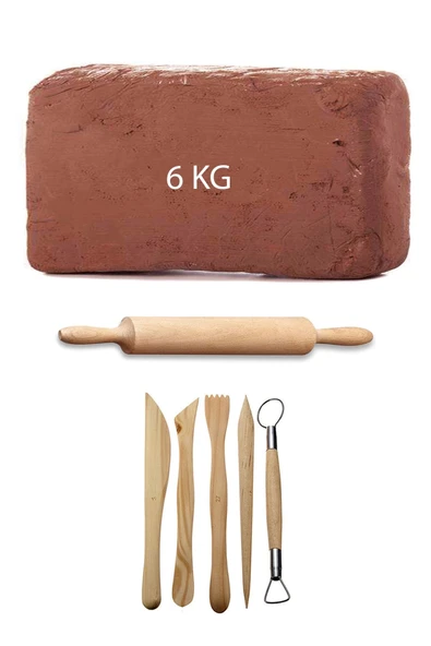 Kahve Çamur Kırmızı Kil Seramik Hamuru 6 kg Ebeşuar Seti Ahşap Merdane Seramik Set