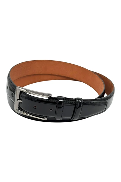 3.5 cm. Klasik Hakiki Deri Dikişli Model Düz Renk Rugan Kemer Siyah - Resim 2