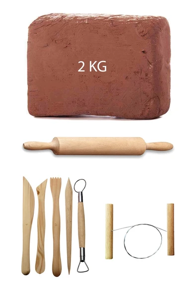 Kahve Çamur Kırmızı Kil Seramik Hamuru 2 kg Ebeşuar Seti Ahşap Merdane Seramik Çamur Kesme Teli - 1