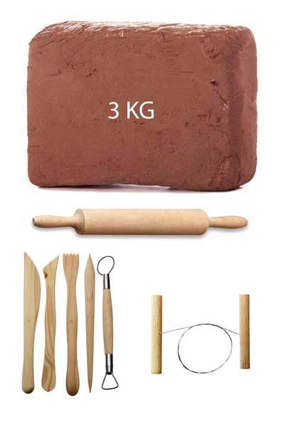 Kahve Çamur Kırmızı Kil Seramik Hamuru 3 kg Ebeşuar Seti Ahşap Merdane Seramik Çamur Kesme Teli