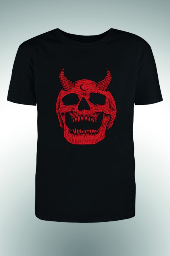 Kırmızı Şeytan Kurukafa Baskılı T-shirt - 1