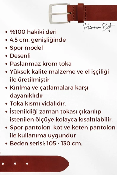 4.5 cm. Spor Hakiki Deri Ortası Desenli Model Erkek Kemer Siyah - Resim 7