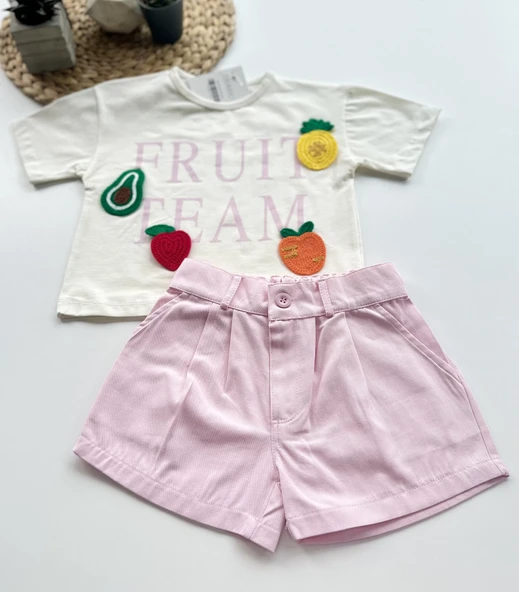 Fruit Team Kız Çocuk Şortlu Takım – Ekru/Pembe - 3