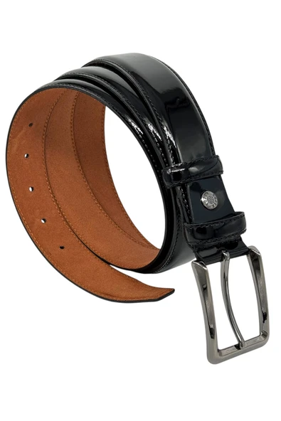 3.5 cm. Klasik Hakiki Deri Dikişli Model Düz Renk Rugan Kemer Siyah - Resim 4