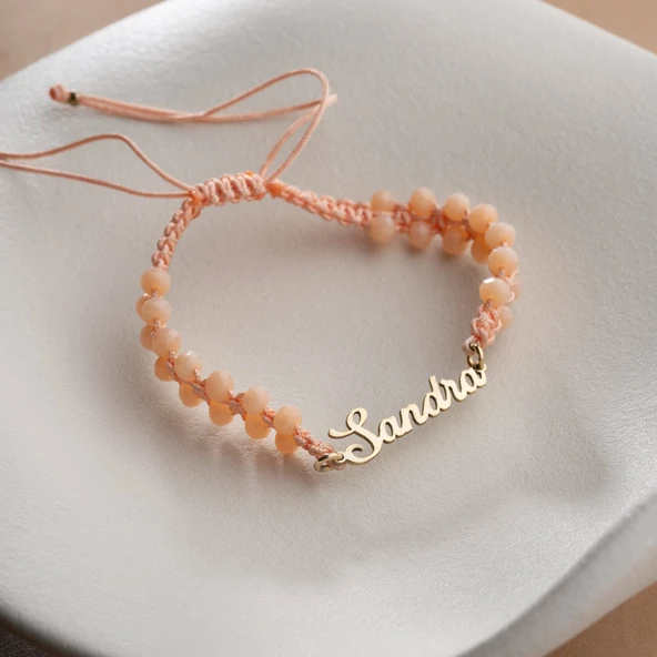 Vaoov 925 Ayar Gümüş Boncuklu Makrome örme İsim Bileklik - Resim 5