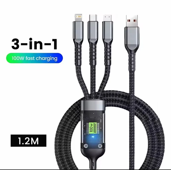 Işıklı 3 in1 Lightning-Micro-Type-C 100W Hızlı Şarj Kablosu 3A 1.2m Siyah - 2