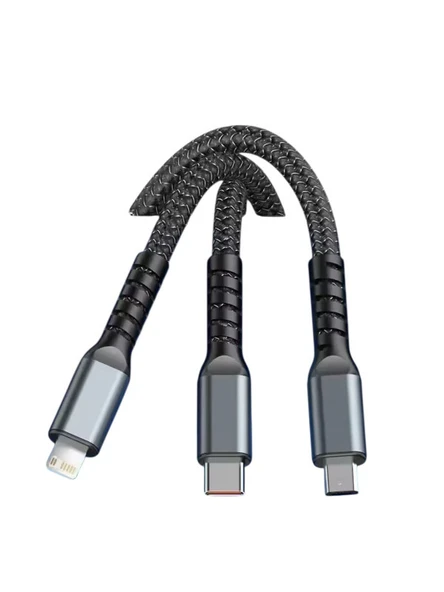 Işıklı 3 in1 Lightning-Micro-Type-C 100W Hızlı Şarj Kablosu 3A 1.2m Siyah - 7