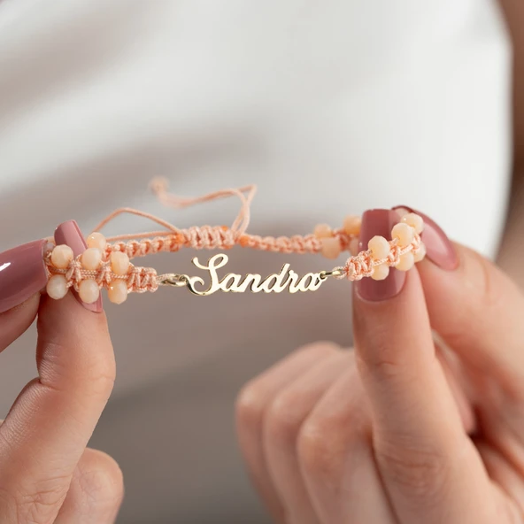 Vaoov 925 Ayar Gümüş Boncuklu Makrome örme İsim Bileklik - Resim 2