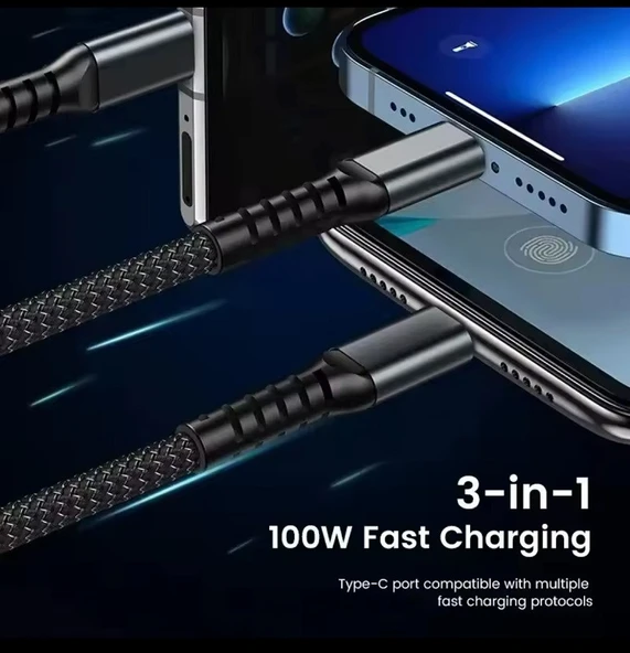 Işıklı 3 in1 Lightning-Micro-Type-C 100W Hızlı Şarj Kablosu 3A 1.2m Siyah - 5