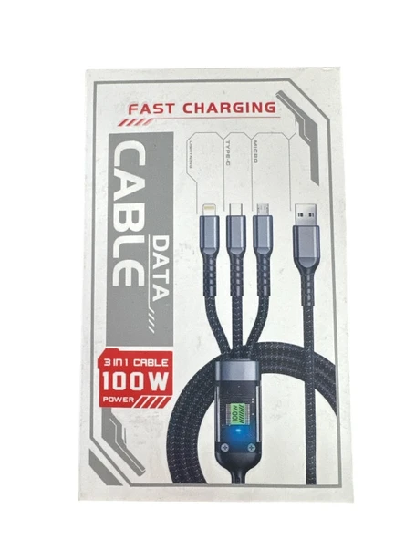 Işıklı 3 in1 Lightning-Micro-Type-C 100W Hızlı Şarj Kablosu 3A 1.2m Siyah - 6