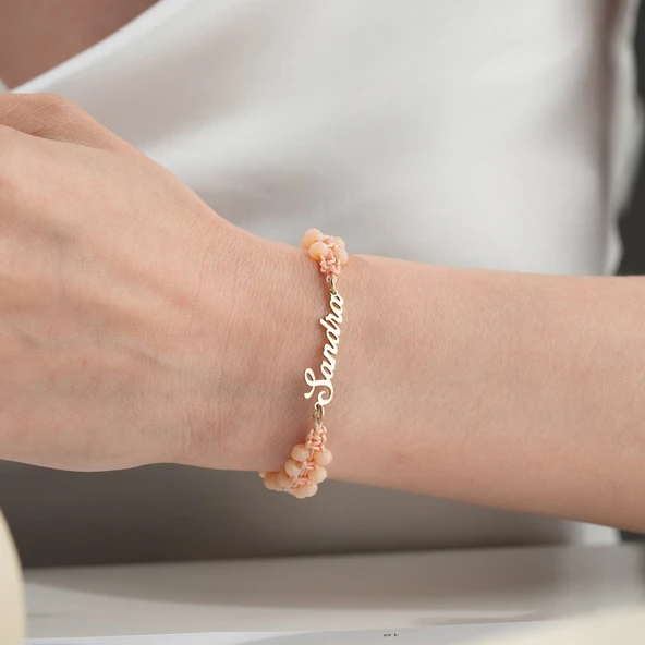 Vaoov 925 Ayar Gümüş Boncuklu Makrome örme İsim Bileklik - Resim 4