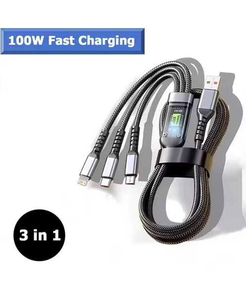 Işıklı 3 in1 Lightning-Micro-Type-C 100W Hızlı Şarj Kablosu 3A 1.2m Siyah