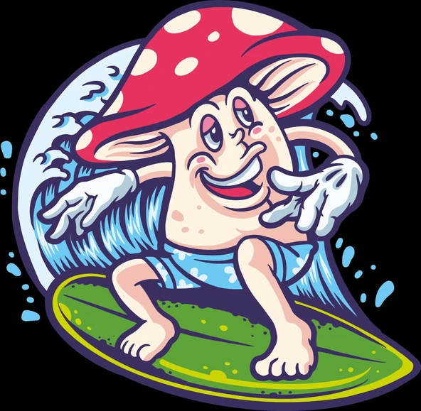 sörf yapan mantar sticker 10x10 cmRenkli Sticker ürün görseli