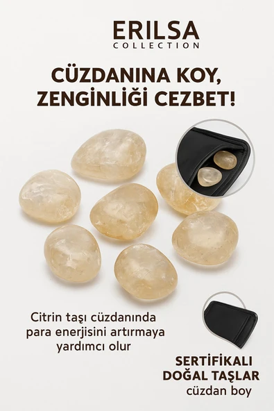 Sertifikalı Cüzdan Boy Tamburlanmış Açık Şeffaf Sitrin Taşı Kütle - Bolluk, Işık Günlük Enerji ürün görseli