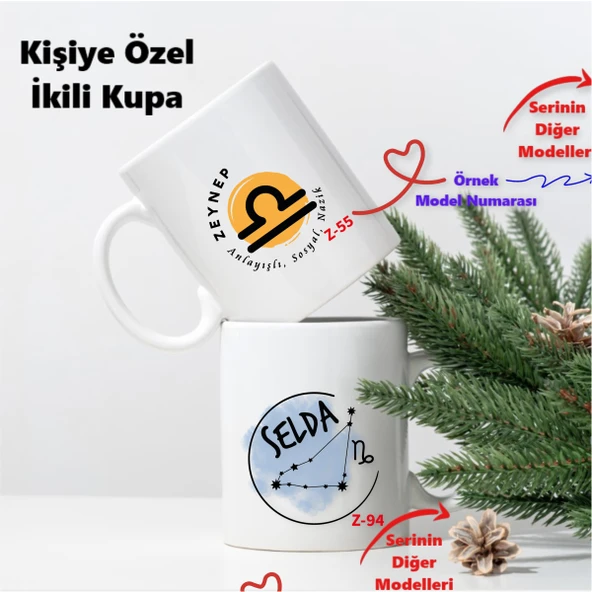Kişiye Özel Çift Kupa Seti, Burç Tasarımlı İkili Kupa Bardak Z2 Serisi
